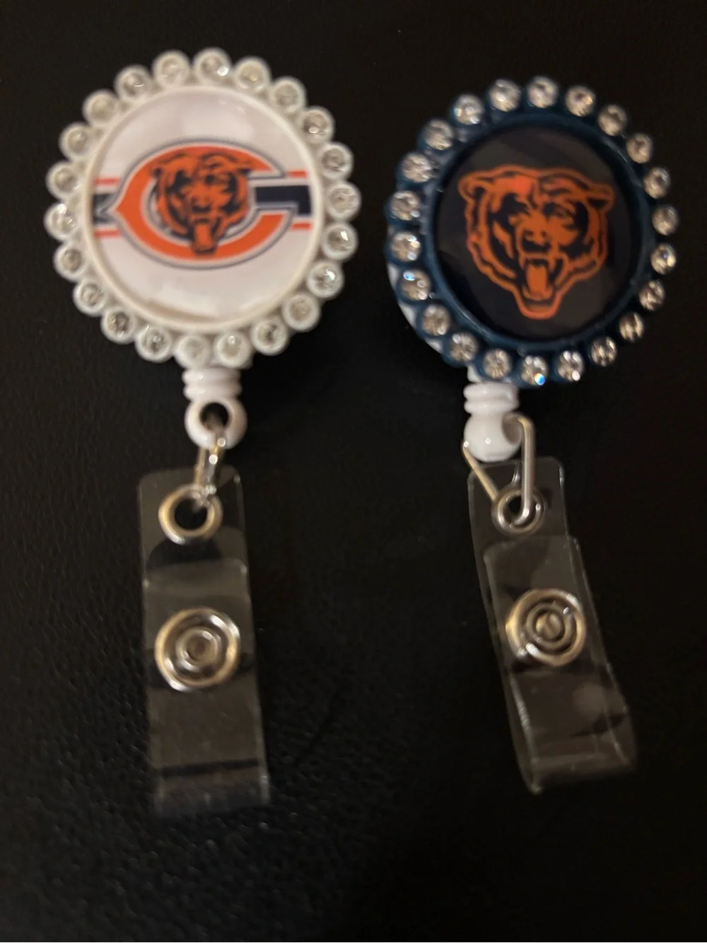 2 Crystal NFL Football Chicago Bears Nurse Badge Reels ID Holders Alligator Clip